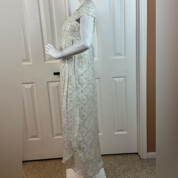 Nicole Miller Silk One Shoulder Dress Maxi 10 Long Foil Silver White Gown Size 2 - Picture 13 of 16